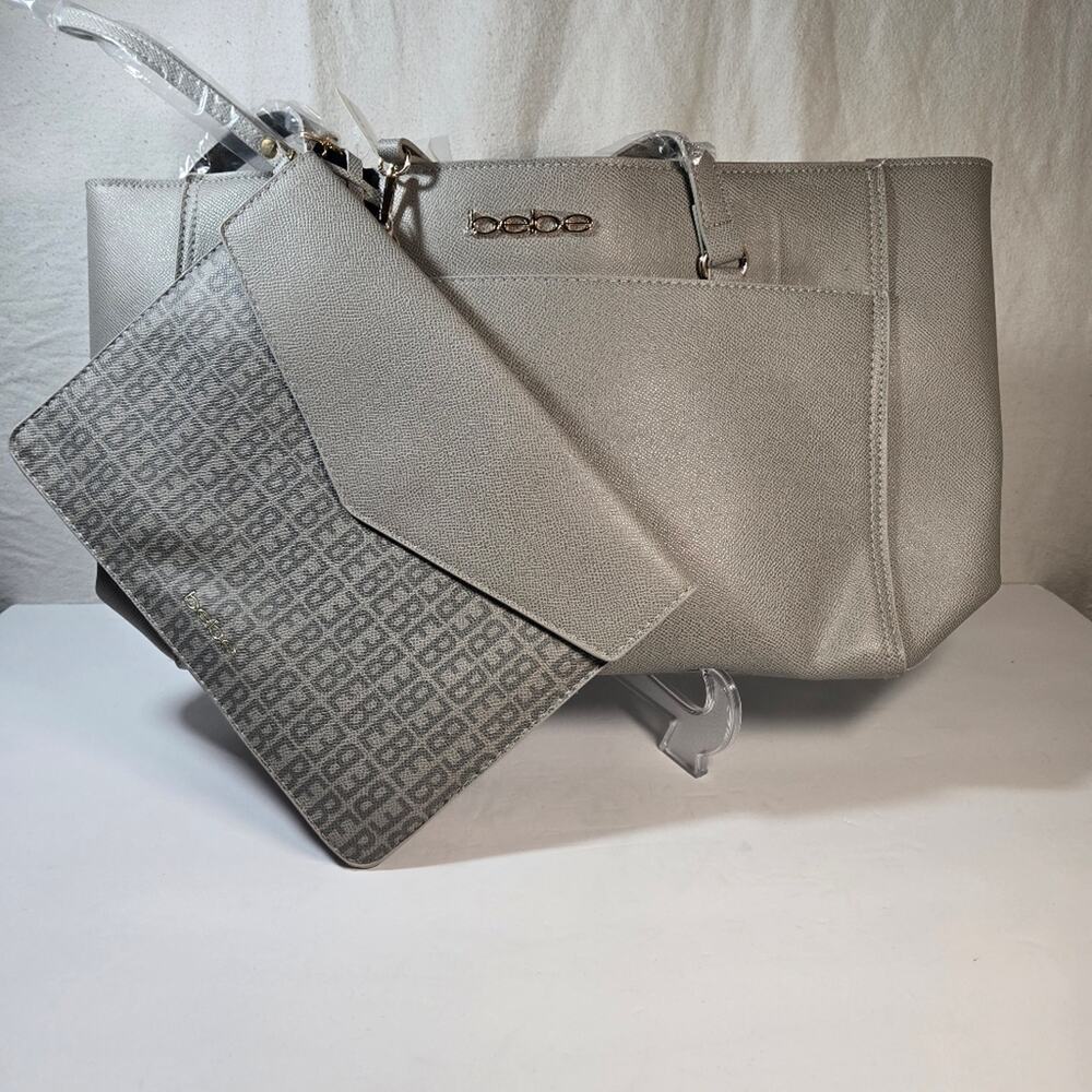 Bebe Metallic Silver Tote with Logo Pouch